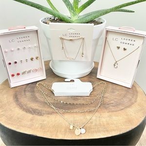NWT LC Lauren Conrad, dog bracelet, C & gold necklaces, gold pink earrings